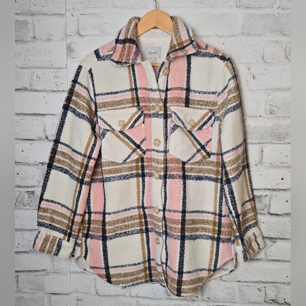 Kismet Cozy Plaid Shacket Jacket Pink Cream Womens Large